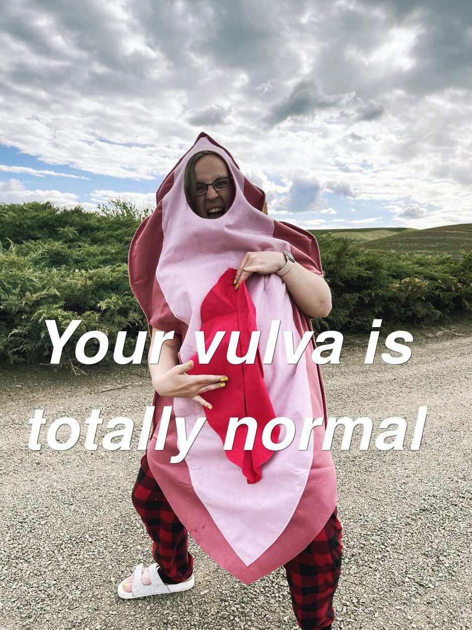Jessica dancing in her fun vulva suit costume